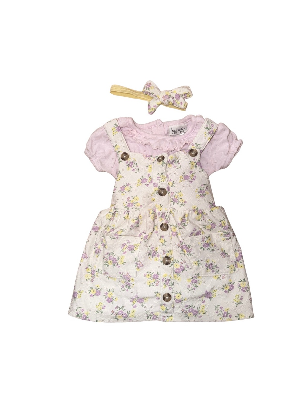 Nicole Miller Floral Overall Dress Set with Pink Tee and Bow Headband